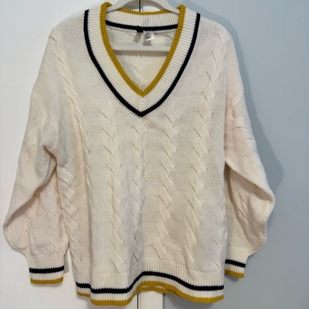 H&M Cream V-Neck Sweater with Yellow and Dark Blue Trim
